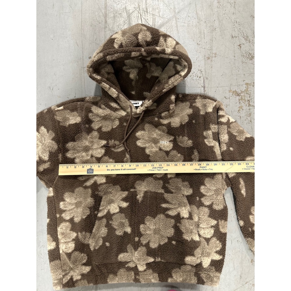 Obey Floral Sherpa Fleece Hoodie Brown Tan Flower Print Pullover Mens Womens - Picture 8 of 10